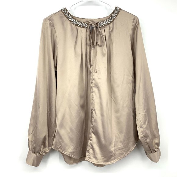 Jennifer Lopez Tops - Jennifer Lopez Top Gold Satin Rhinestone Tie Neck Long Sleeve